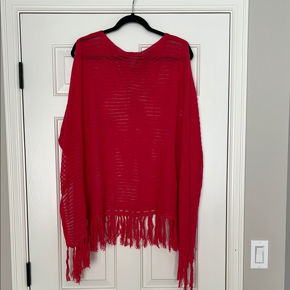Chico’s Travelers | Red Fringe Cold Shoulder Poncho Sweater | Size L/XL